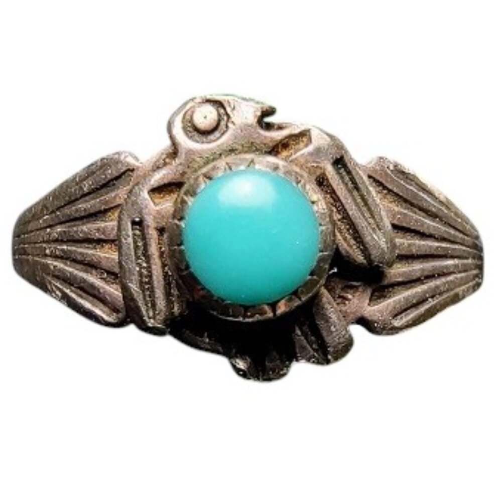 Cool Native American Turquoise Crow Sterling Silver Pinky Ring